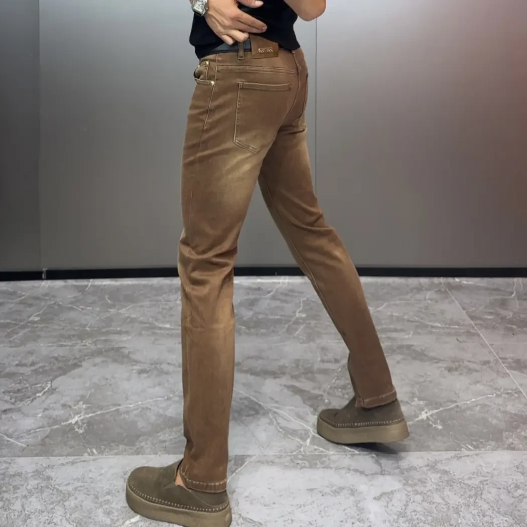 秋季深咖色时尚简欧百搭舒适休闲男士修身小直筒牛仔裤2262