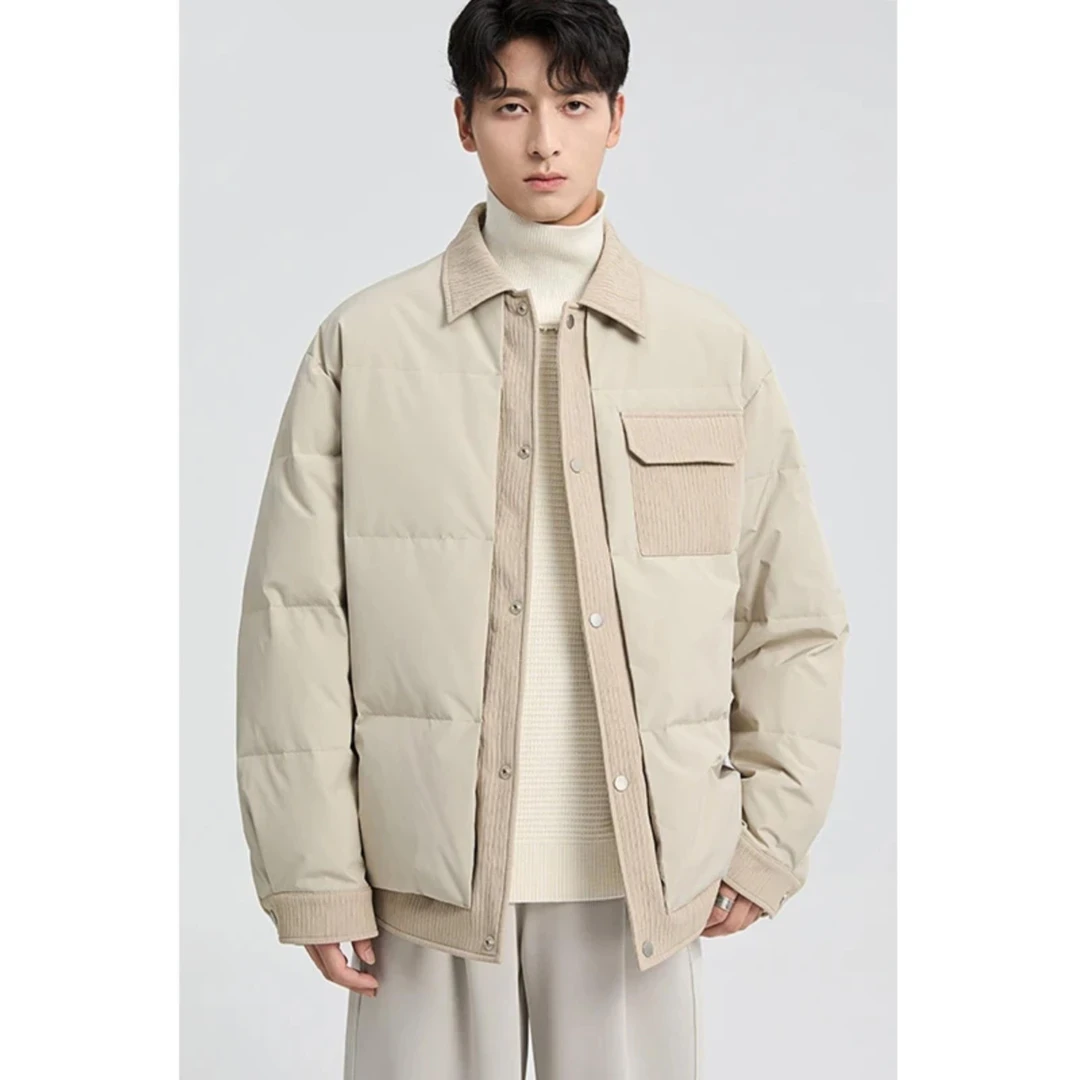 新国标白鸭绒拼接羽绒服男冬季设计感韩版短款翻领假两件羽绒外套