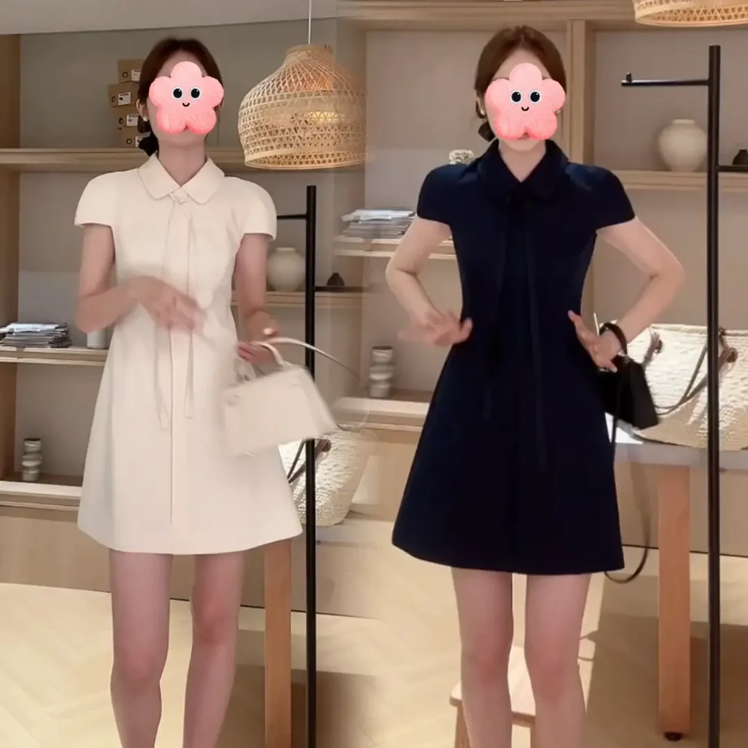 法式气质翻领短袖连衣裙2025夏季新款今年流行爆款修身显瘦a字裙