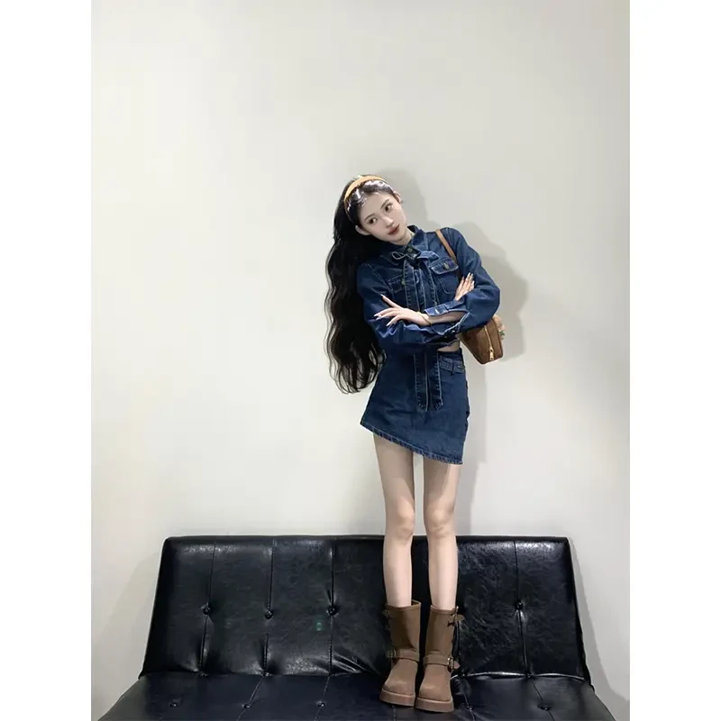 时尚套装女2025春秋气质牛仔翻领上衣显瘦修身高腰百搭长袖裙裤潮