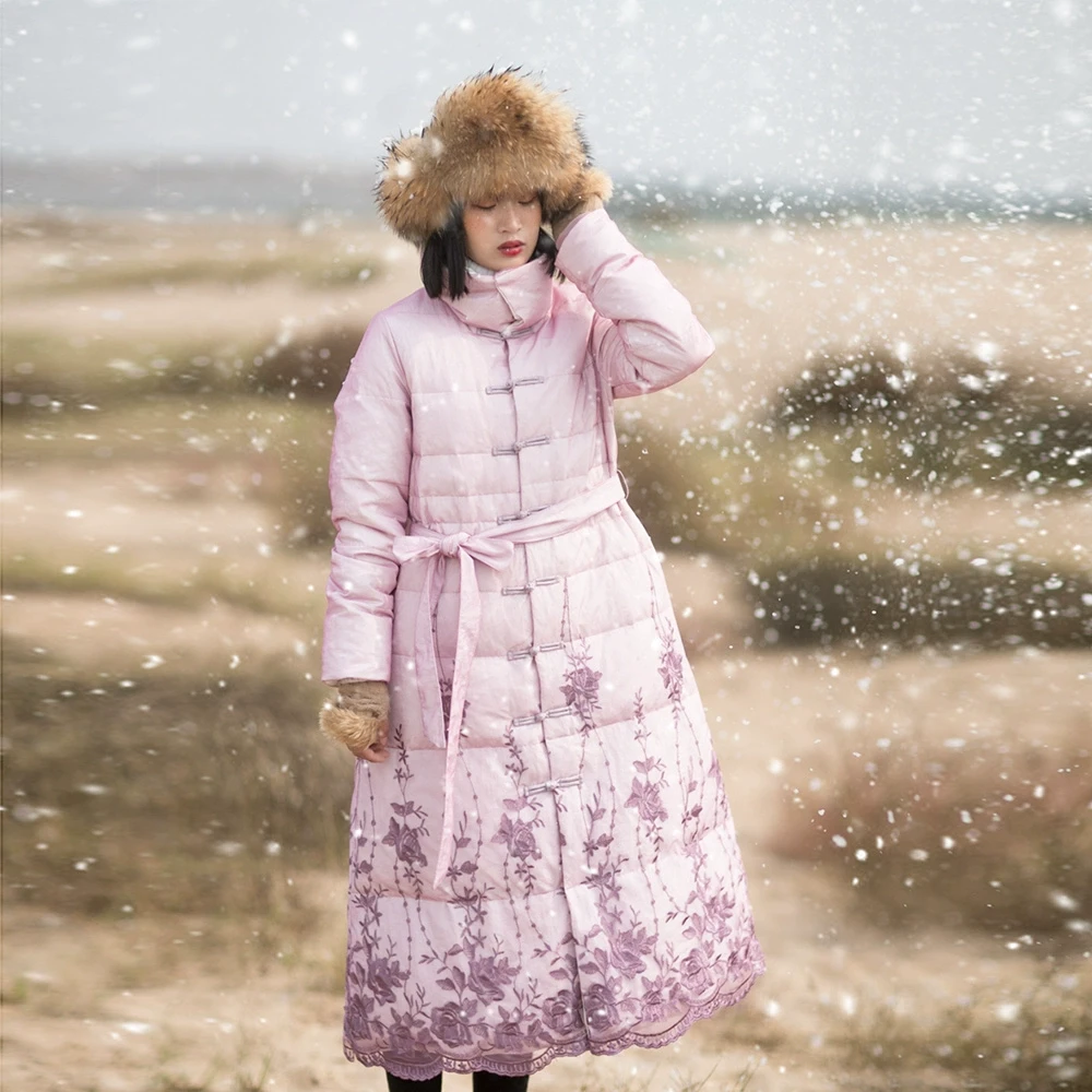 【7折出清】2023冬新款古风网纱加厚外套长款过膝系带保暖羽绒服