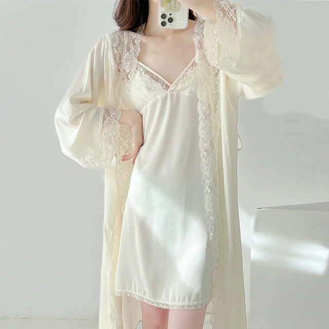 性感睡衣女2025年春秋冰丝新娘睡袍晨袍高级感蕾丝吊带睡裙两件套