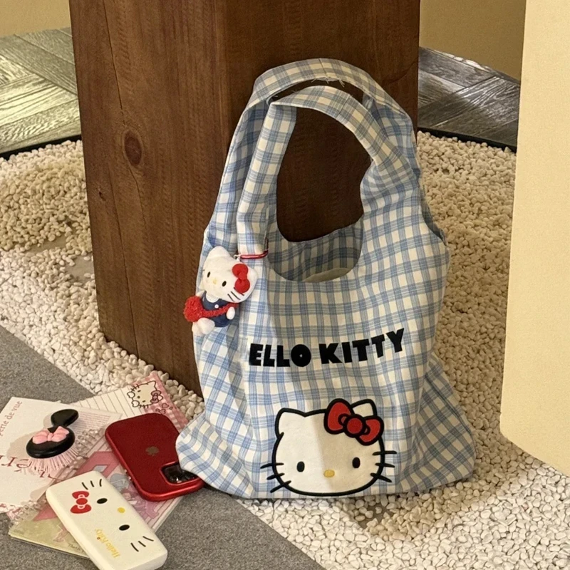 卡通凯蒂猫格子刺绣帆布包2025可爱休闲单肩包手提通勤百搭包M038