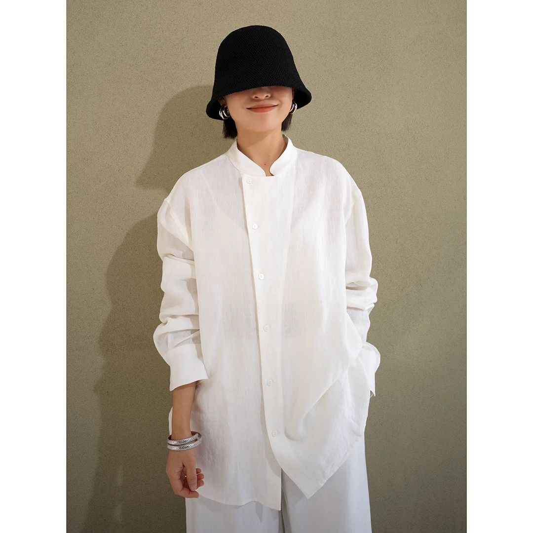 UPINLOOK新中式 亚麻 立领女斜门襟宽松长袖中长白衬衫GD403