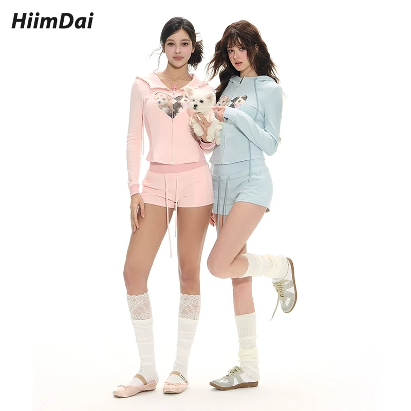 HiimDai 乐章 可爱狗狗印花修身连帽卫衣&高腰显瘦短裤休闲套装