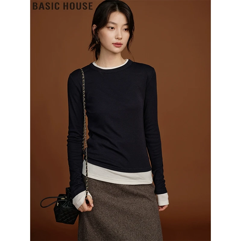 Basic House/百家好撞色假两件长袖上衣修身针织打底衫上衣女秋季