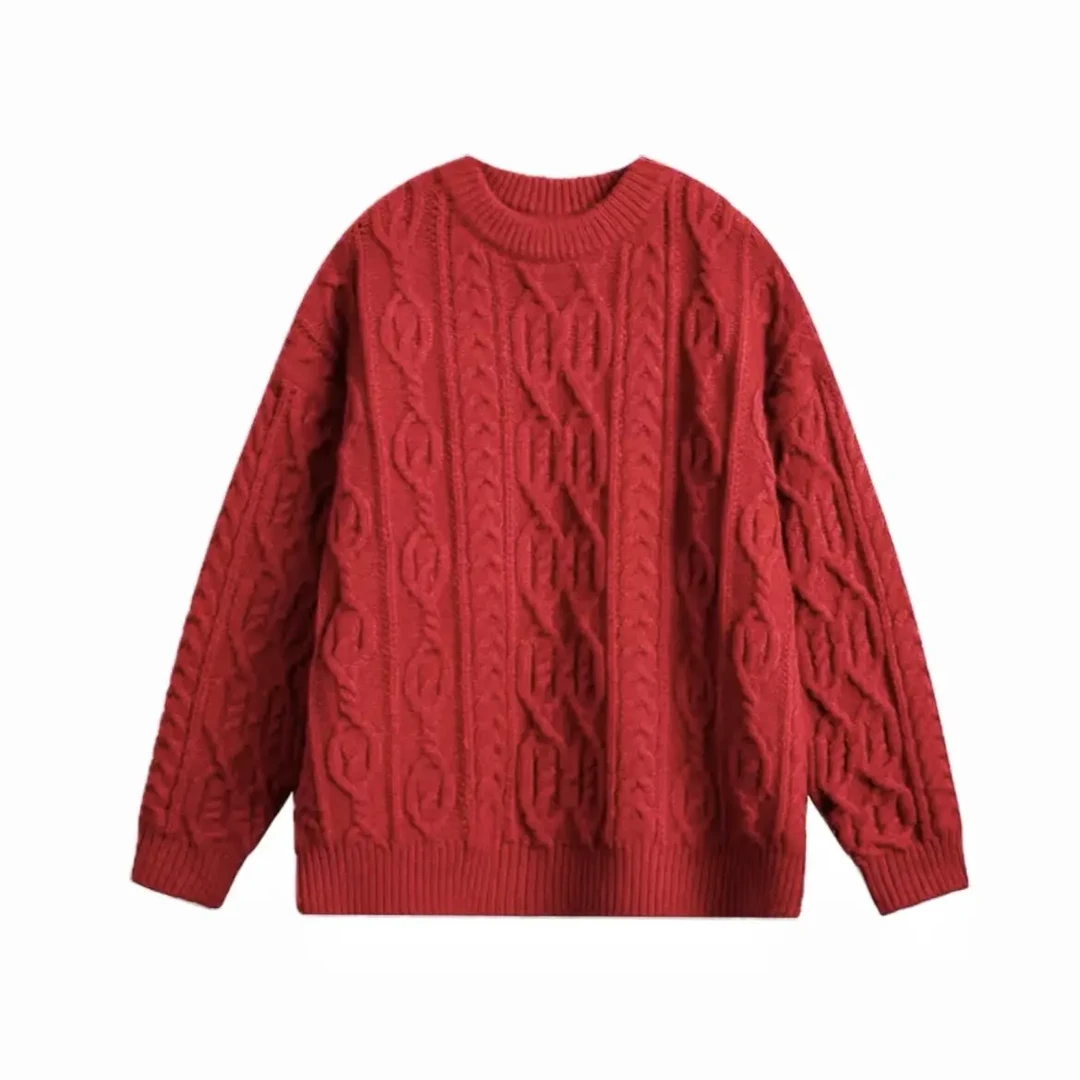 复古麻花设计感红色圆领毛衣男秋冬宽松情侣装打底针织衫