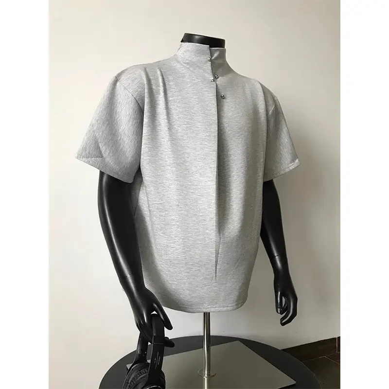 不规则纽扣垫肩重磅300g短袖T恤男夏季美式潮牌痞帅宽松五分半袖