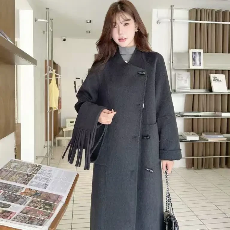 秋冬中长款不规则带围巾双面羊毛大衣女式大衣外套8837