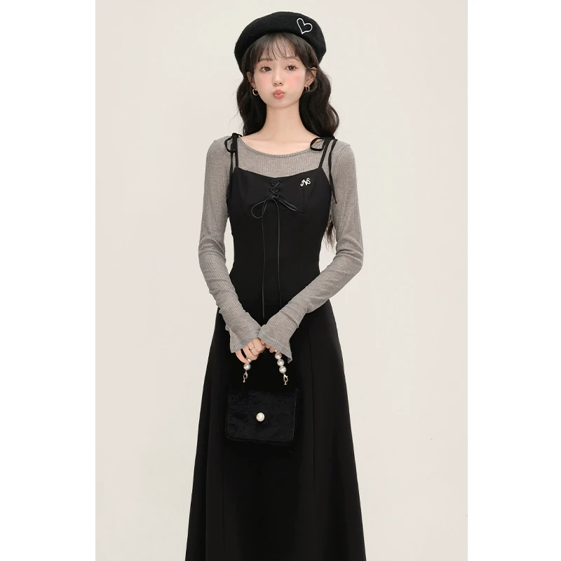 三寸藕【黑色幽灵】2025春季新款黑色无袖吊带连衣裙收腰显瘦3006