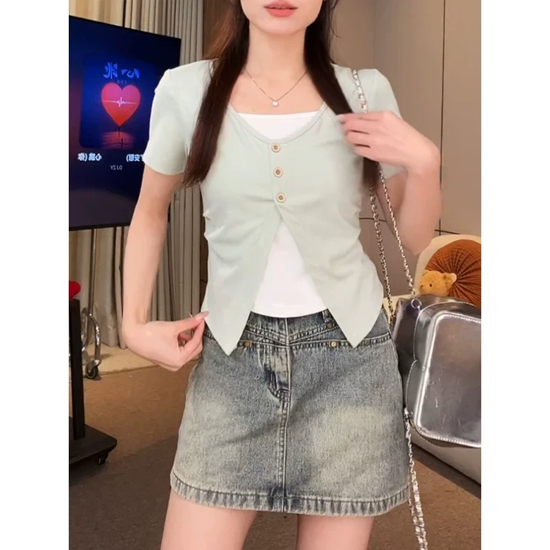 韩系v领假两件不规则短袖t恤女夏季高级感纯欲bm风甜美小清新上衣