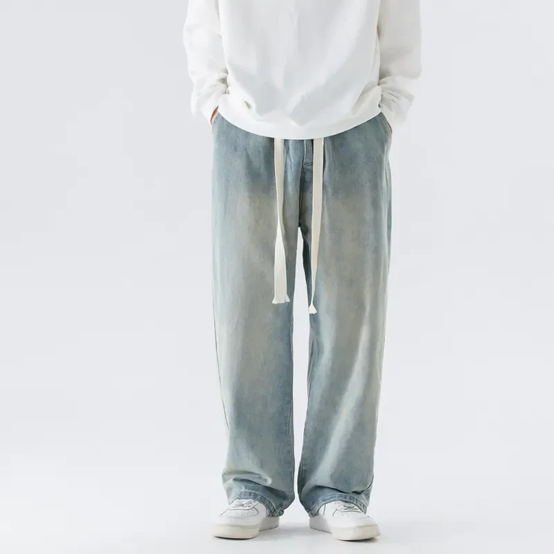 薄款新款休闲百搭复古宽松潮流抽绳直筒牛仔裤美式港风高街韩版