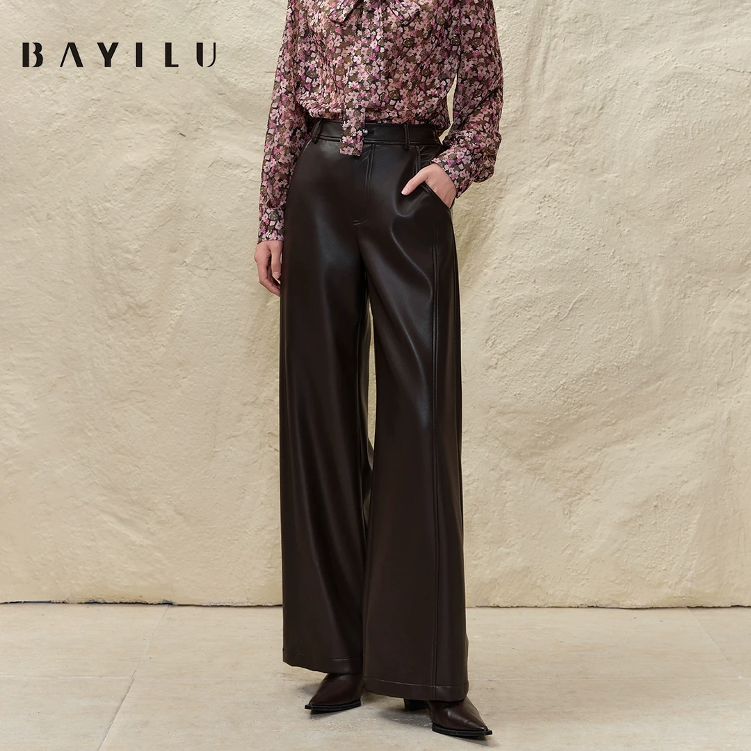 【女乔】芭依璐2025春季阔腿裤女复古pu皮裤直筒长裤91K2959