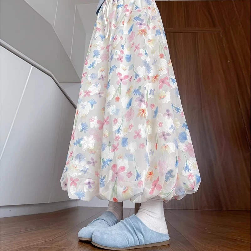 甜美彩色碎花花苞裙女2025夏季新款阔腿高腰显瘦休闲蓬蓬裙R360