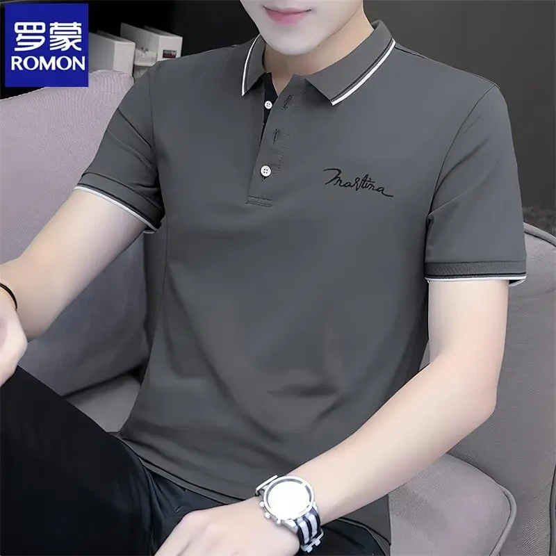 Romon/罗蒙男士夏季透气休闲半袖T恤翻领polo衫商务潮流纯色短袖