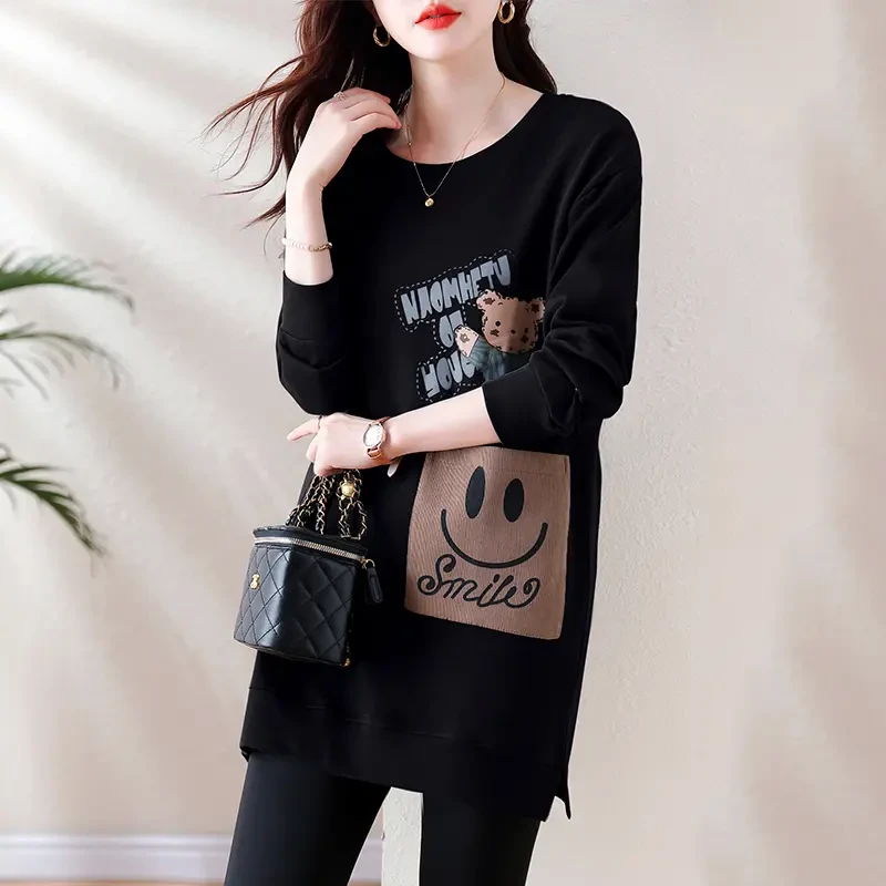 秋季新款休闲风圆领长袖宽松显瘦中长款时尚字母套头卫衣女