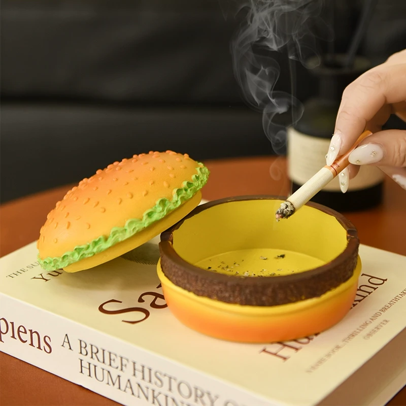可爱创意汉堡烟灰缸带盖家用客厅卧室防灰飞办公室高级感桌面摆件