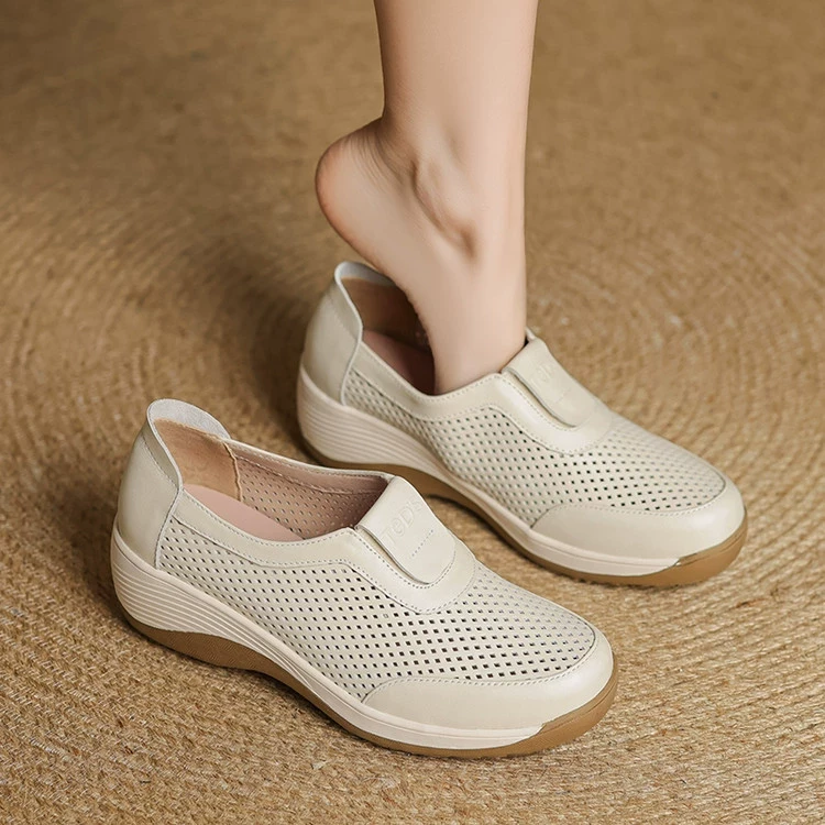 真皮镂空洞洞鞋女2025新款春季厚底坡跟单鞋舒适软底休闲妈妈凉鞋