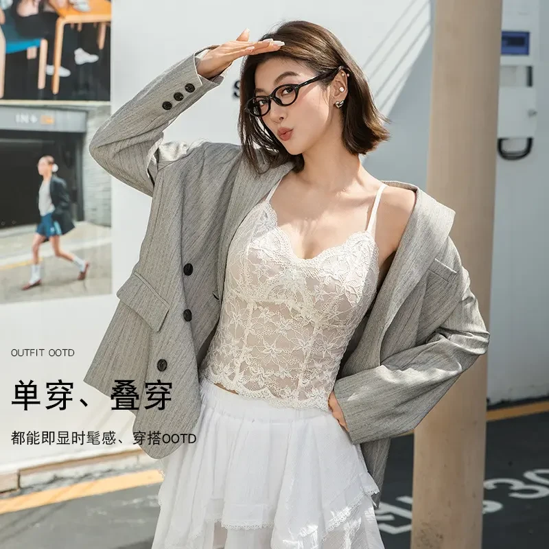 6099蕾丝保暖内衣吊带背女纯欲风内搭打底背心带胸垫秋冬细绒高定