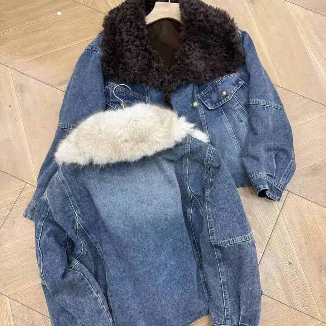冬季女短款韩版可拆卸毛领牛仔宽松加厚外套潮流