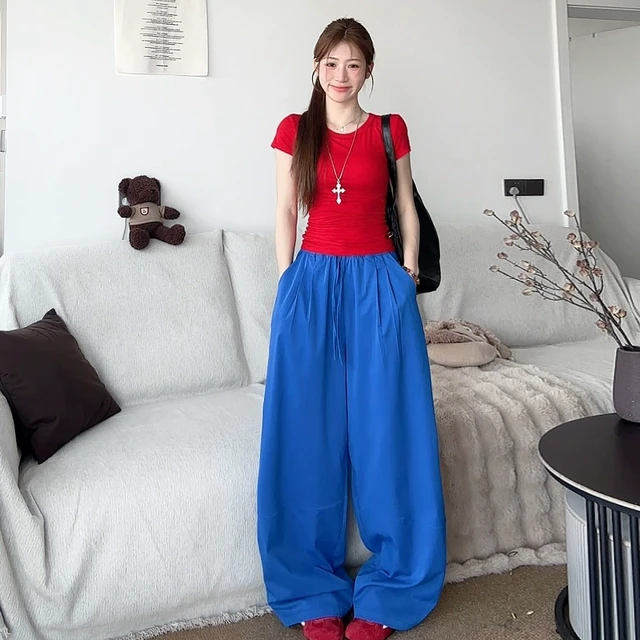 ManMa-拼接阔腿裤女2025春新款高腰松紧腰系带宽松休闲工装长裤