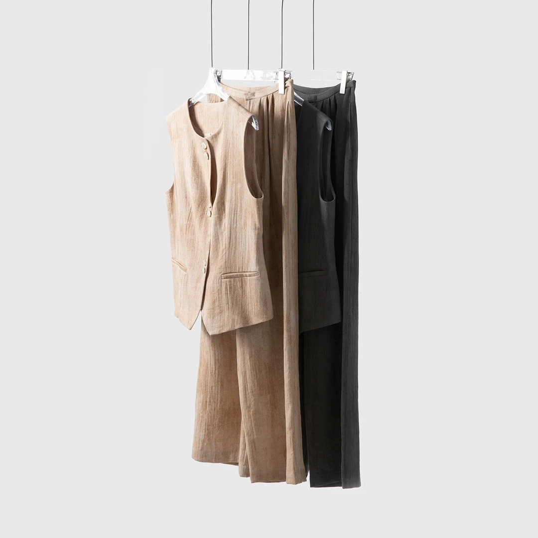 老钱风亚麻圆领马甲背心春季通勤洋气叠穿背心开衫上衣WTE007