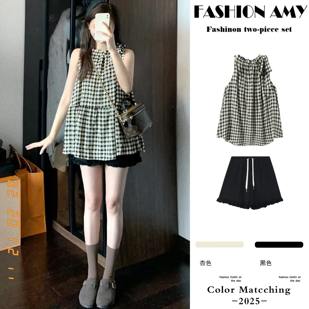 孕妇套装夏装新款时尚韩版小个子显瘦格子吊带上衣休闲花边短裤子