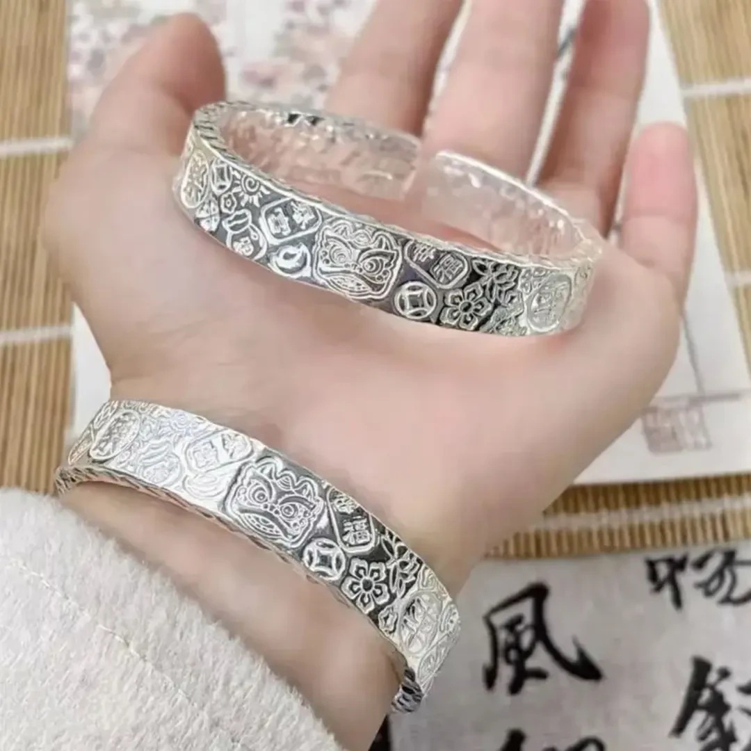 足银手镯 三面吉言银手镯男女实心开口纯手工招财猫999.9银镯子