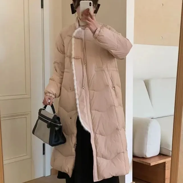新中式狐狸毛领围巾马卡龙色系高端羽绒服冬季中长款过膝外套
