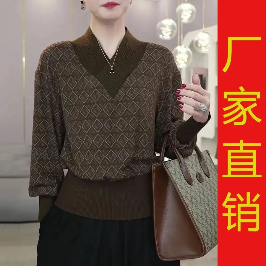 【厂家直销】2025年新款洋气通勤长袖螺休闲纹修身显瘦大码女打底衫