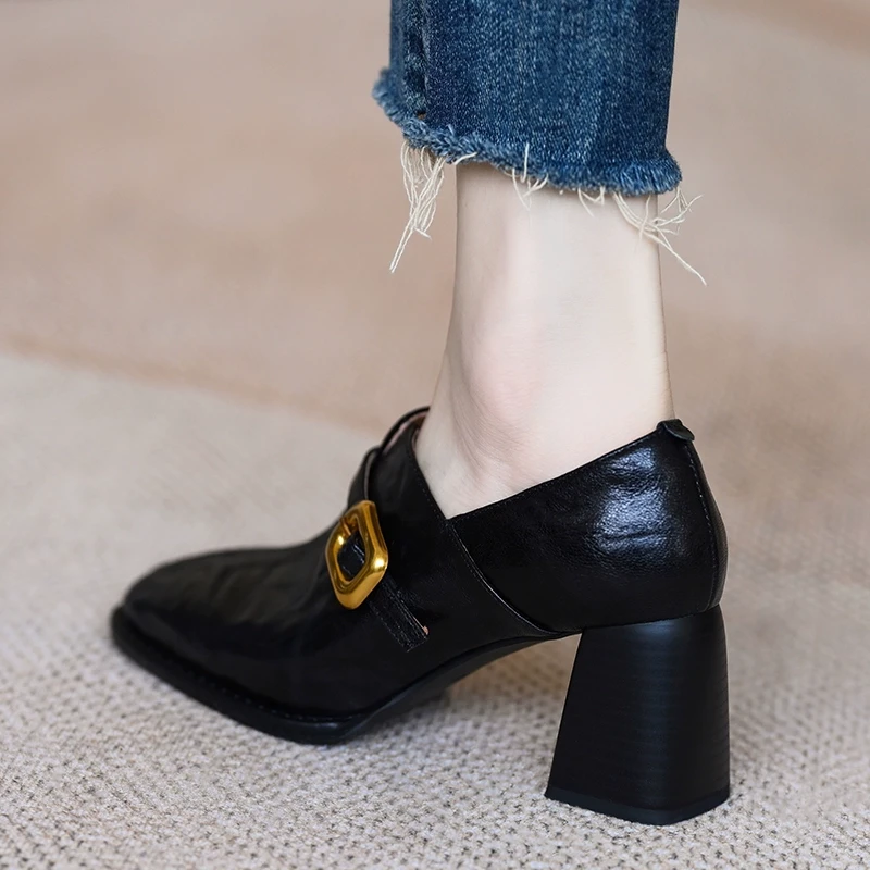 2025新款深口单鞋女真皮高跟鞋粗跟复古时尚方头V口小皮鞋