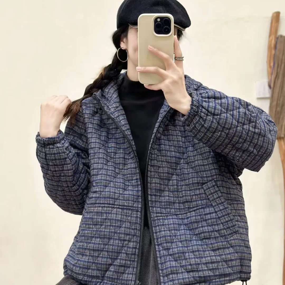 冬季新款格子连帽宽松休闲底边抽绳女士小棉服