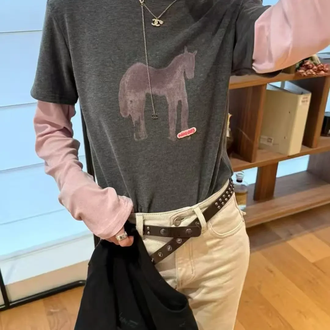 笑笑定制印花拼接假两件长袖百搭女士上衣