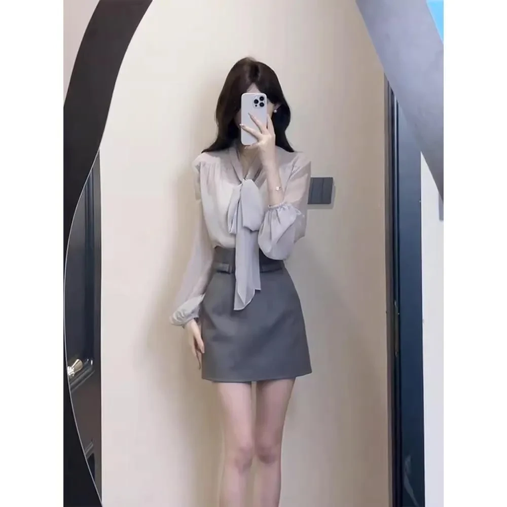 SYJ/舒衣家 韩系温柔飘带长袖衬衫上衣女高级感高腰显瘦半裙套装