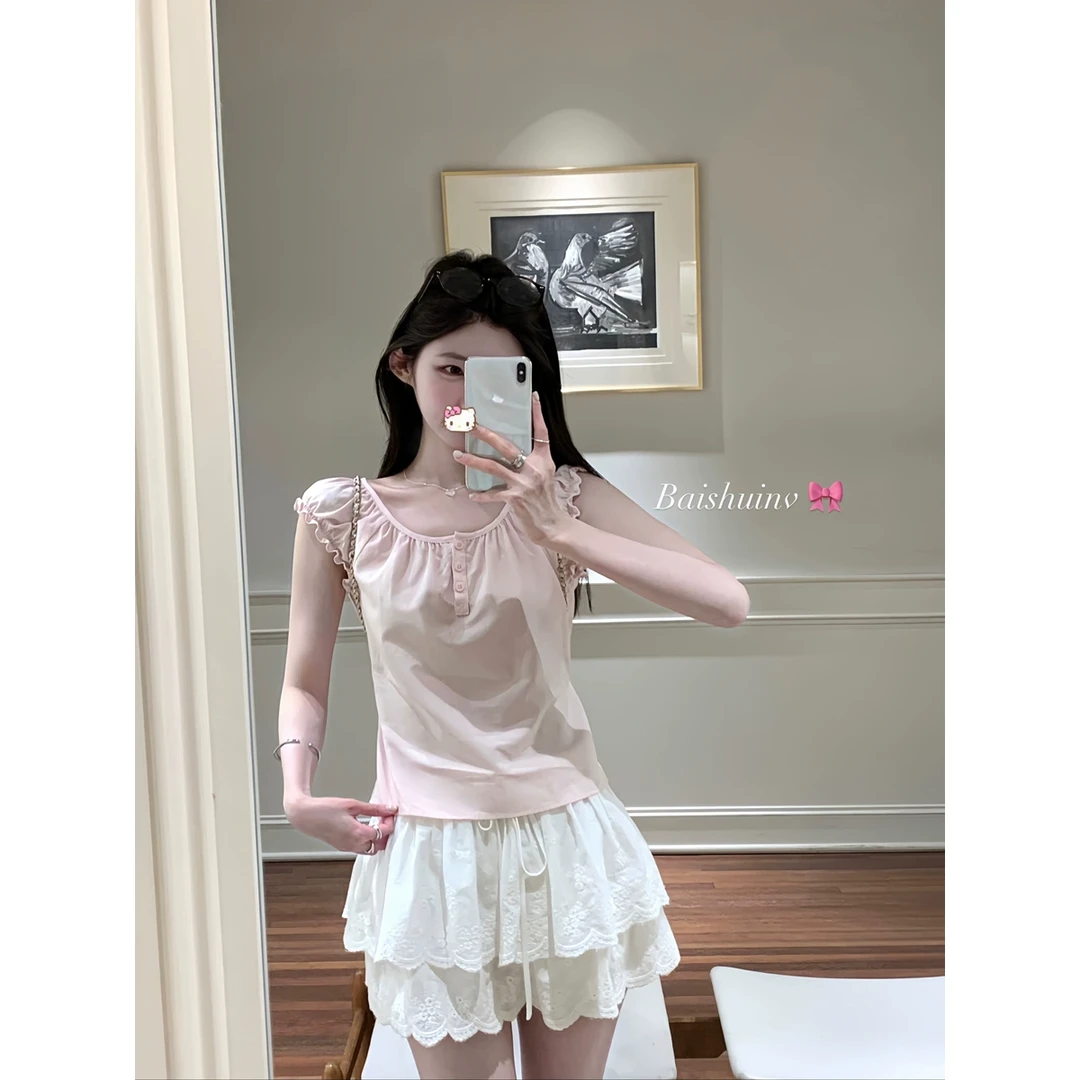 白水女 【清清款】~花边圆领雪纺衫女春夏高级感无袖上衣 B50349982