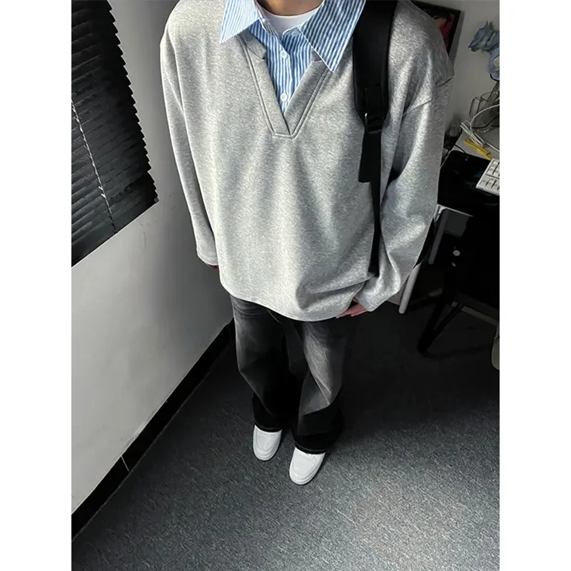 假两件polo衬衫领长袖T恤卫衣男秋冬加绒美式潮牌高级感宽松外套