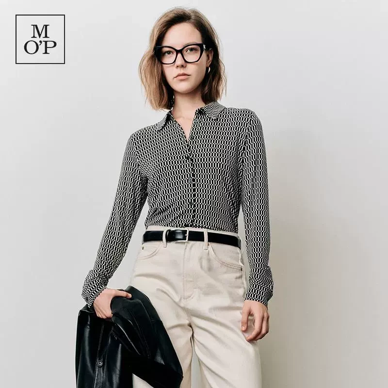 Marc O'Polo/MOP欧若风春季时尚复古衬衫式针织印花女长袖T恤显瘦