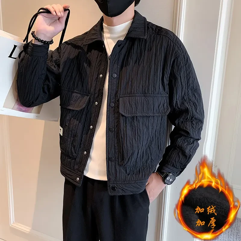 春秋款男士轻奢百搭外套潮流条纹工装夹克男装休闲设计感翻领上衣