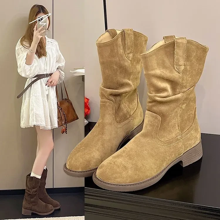 [美拉德厚底【增高4cm】2025新款秋冬季西部牛仔堆堆靴[中筒短靴