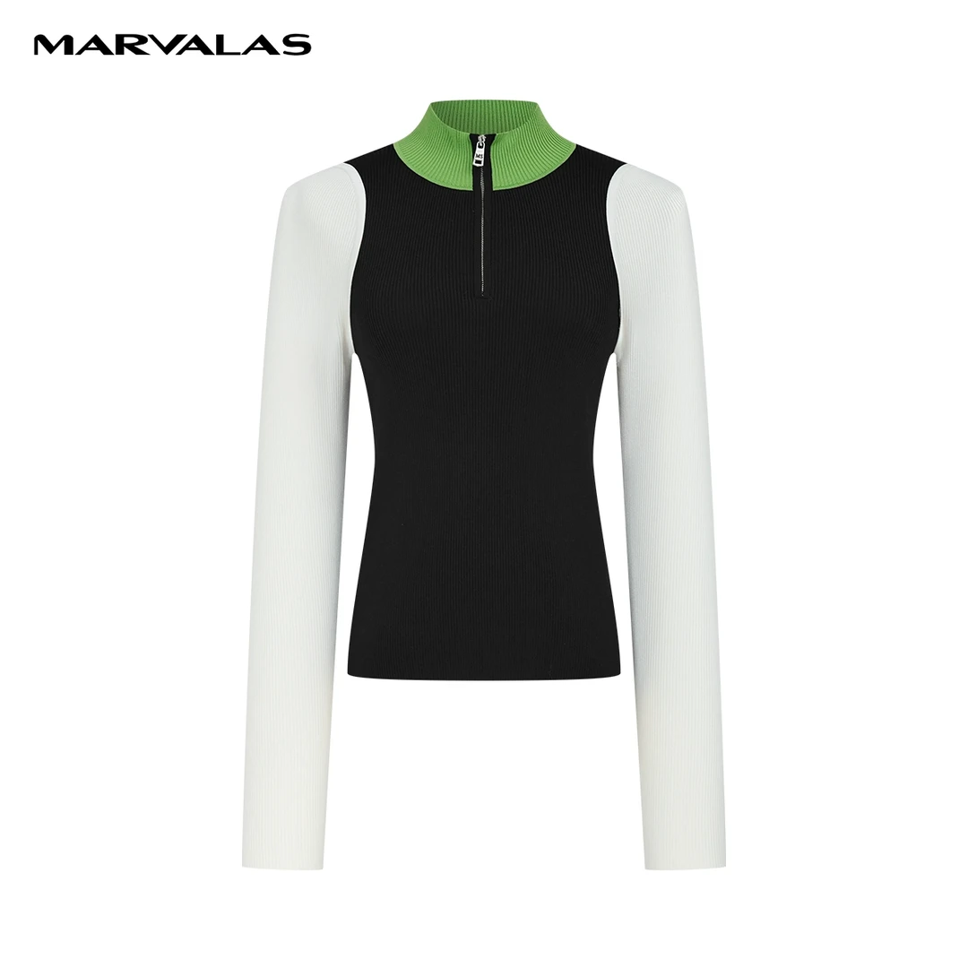 【珊珊专属】曼德诗撞色针织衫2024春装新款短款修身显瘦套头上衣