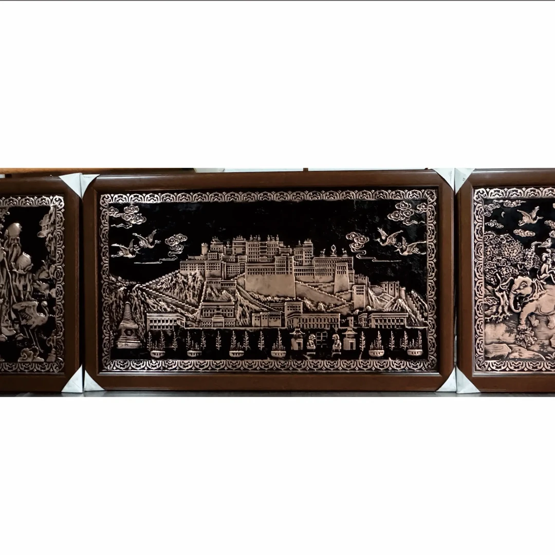 铜版挂画布达拉宫和吉祥四瑞、长寿仙鹤三件套长度253厘米高71厘米