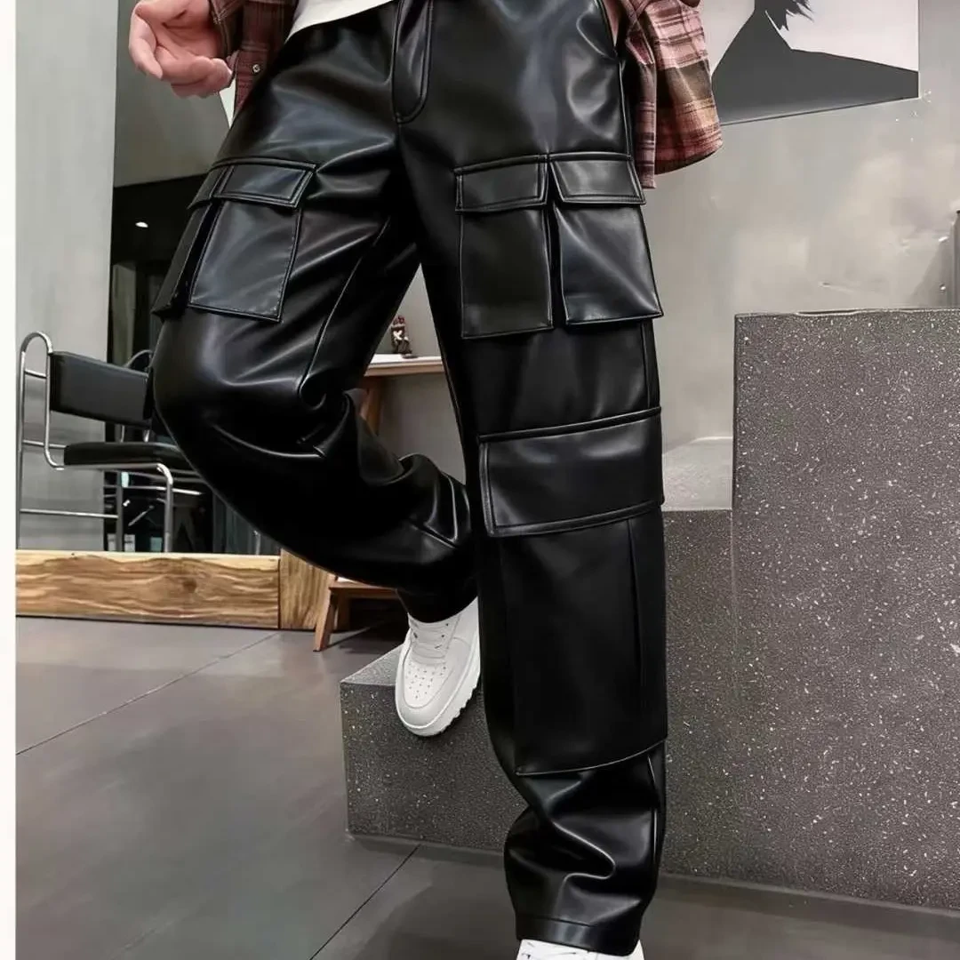 2305男士秋冬新款机车皮长裤多口袋设计松紧腰百搭潮流男裤