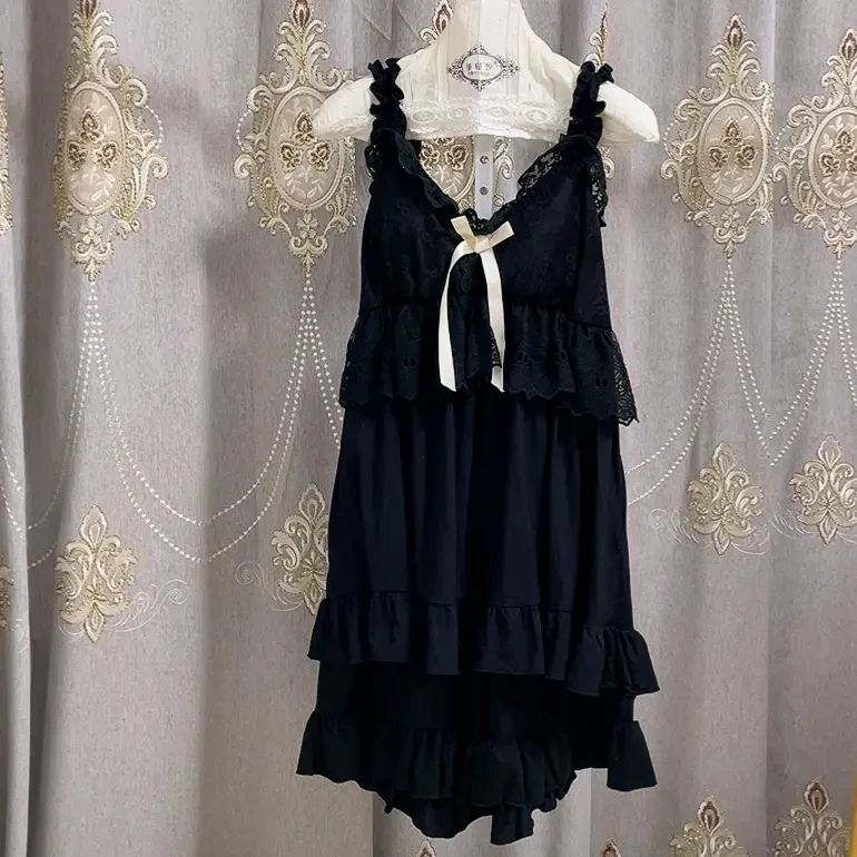 法式性感蕾丝胸垫吊带短裤套装莫代尔材质女性感纯欲家居服