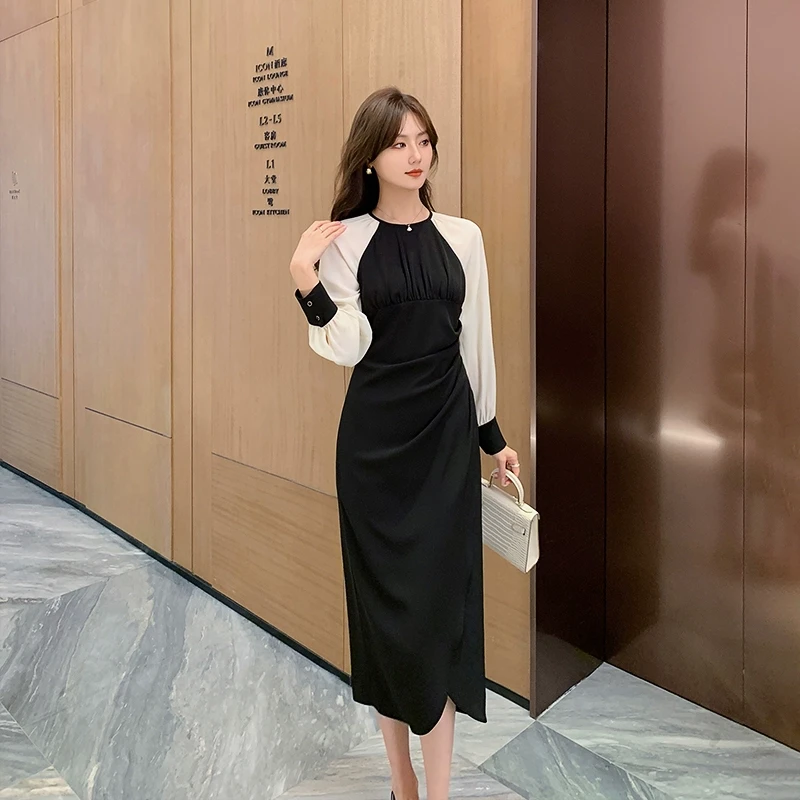 林关关 春秋气质黑色修身收腰高级感连衣裙81841