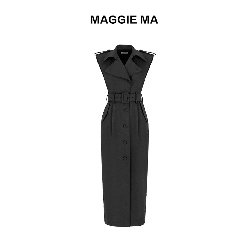 MAGGIEMA马婧设计师款黑色无袖腰带沉稳内敛显瘦连衣裙法式166C