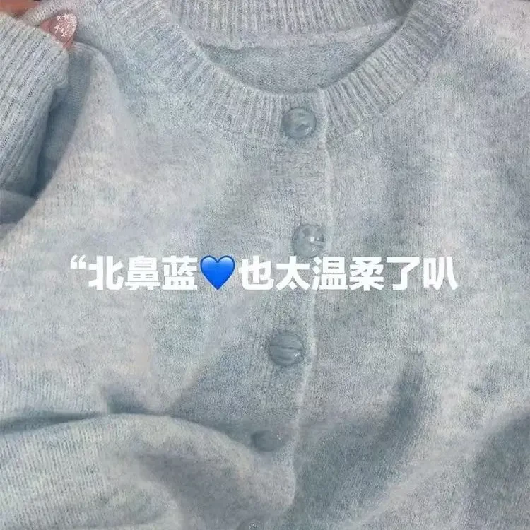 韩系高级感北鼻蓝色圆领针织开衫女秋季新品奶呼呼软糯长袖毛衣女