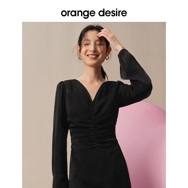 【超姐专属】气质收腰长袖连衣裙春季优雅小黑裙A字裙OD2CAL0082