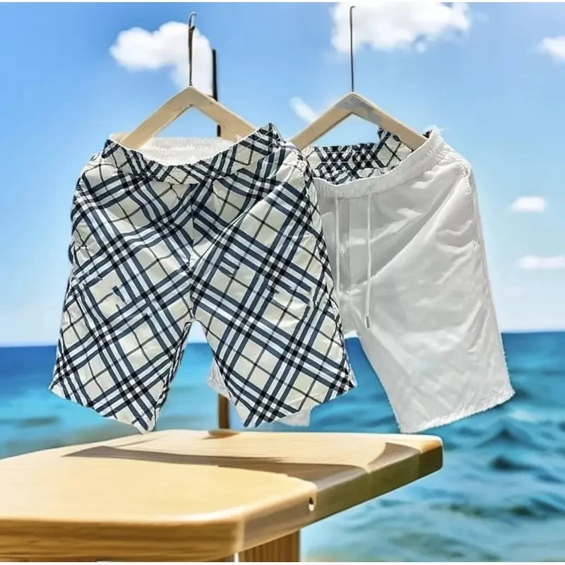 夏季新款男士双面穿百搭潮流青年蓝格纹时尚轻奢休闲五分速干短裤