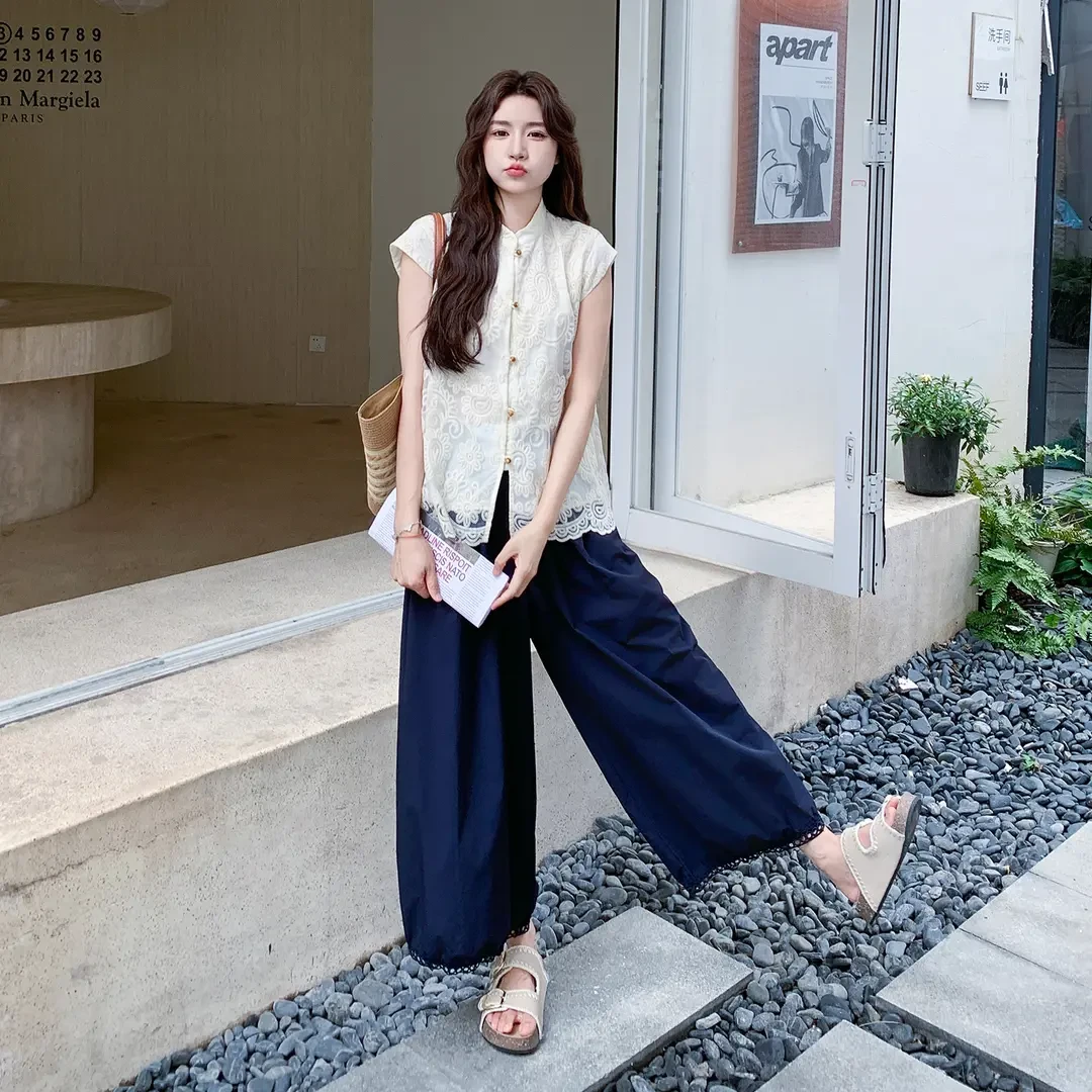 复古国风气质套装裤女2025夏新款设计感蕾丝无袖上衣阔腿裤两件套