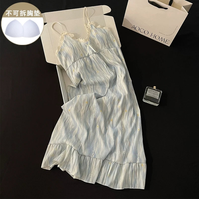 睡裙女夏季蓝色性感吊带带胸垫睡衣夏天中长款蝴蝶结连衣裙家居服
